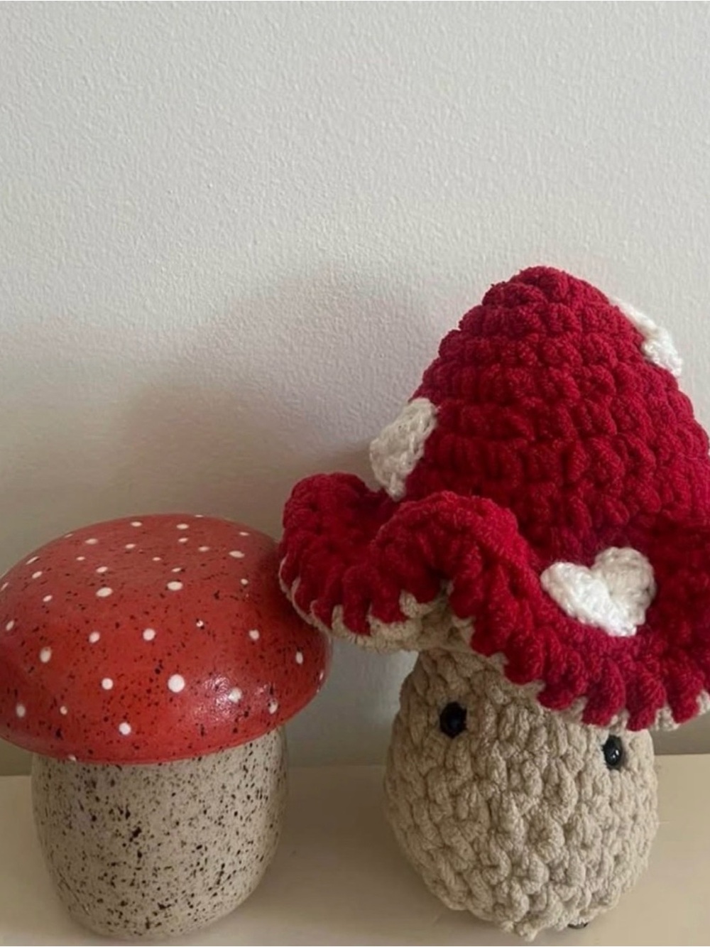 Anthropologie Red Crochet Mushroom with White Heart Accents